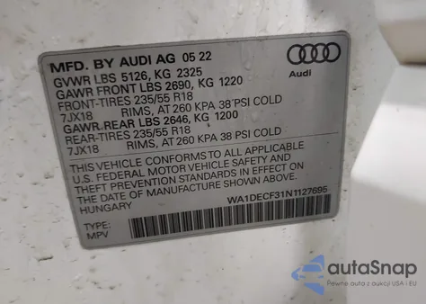 2022 Audi Q3 Premium 45 Tfsi S Line Quattro Tiptronic from USA, damaged, VIN WA1DECF31N1127695